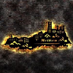 Skyline Meißen LED Wandbild Holz Stadt AK Karte Map Stadtplan Wandsticker Leuchtbild Neonreklame Wandtattoo Reiseführer Silhouette