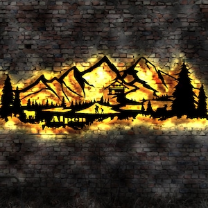 Skyline Alpen Gebirge  Wandbild Holz Stadt AK Karte Map Stadtplan Wandsticker Leuchtbild Neonreklame Wandtattoo Reiseführer Silhouette