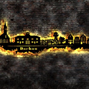 Skyline Stadt Dachau   LED Wandbild Holz  Mahnmal Gedenkstätte Stadtplan Wandsticker Leuchtbild Wandtattoo Reiseführer Silhouette