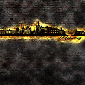 Skyline Oldenburg  LED Wandbild   Holz Stadt AK Karte Map Stadtplan Wandsticker Leuchtbild Neonreklame Wandtattoo Reiseführer Silhouette