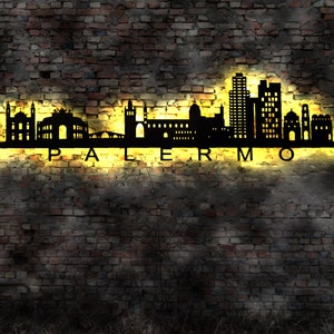 Skyline Palermo Stadt Italia Sizilien  LED Wandbild Holz Stadt AK Karte Map Stadtplan Wandsticker Leuchtbild Neonreklame Wandtattoo
