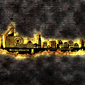 Skyline Bremerhaven LED Wandbild Holz Stadt AK Karte Map Stadtplan Wandsticker Leuchtbild Neonreklame Wandtattoo Reiseführer Silhouette