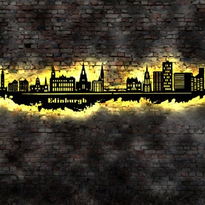Skyline Edinburgh UK  LED Wandbild Holz Stadt AK Karte Map Stadtplan Wandsticker Leuchtbild Neonreklame Wandtattoo Reiseführer Silhouette
