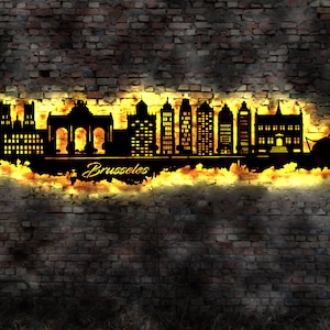 Skyline Brüssel Brusseles Belgien LED Wandbild   Holz Stadt AK Karte Map Stadtplan Wandsticker Leuchtbild Wandtattoo Reiseführer Silhouette