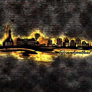 Skyline Frankenthal LED Wandbild Holz Stadt AK Karte Map Stadtplan Wandsticker Leuchtbild Neonreklame Wandtattoo Reiseführer Silhouette