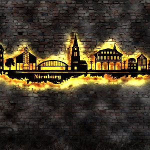 Skyline Stadt Nienburg / Weser Wandbild Holz Stadt AK Karte Map Stadtplan Wandsticker Leuchtbild Neonreklame Wandtattoo Aufkleber Silhouette