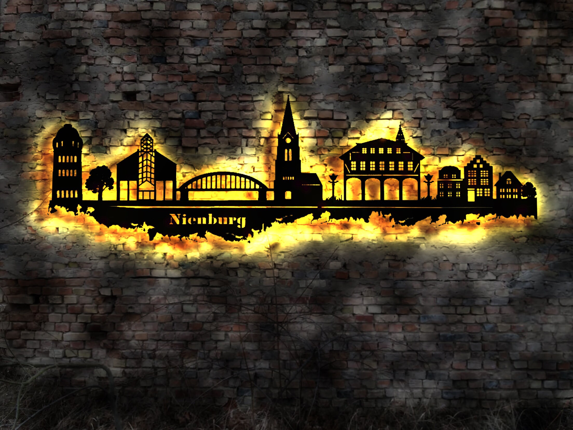 Skyline City Nienburg / Weser Mural Wood City AK Map Map City Map Wall Sticker Illuminated Image Neon Advertising Wall Decal Sticker Silhouette