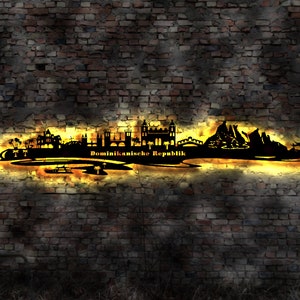 Skyline Dominikanische Republik Dom Rep Domrep  Holz Stadt AK Karte Map Wandsticker Leuchtbild Neonreklame Wandtattoo Reiseführer Silhouette