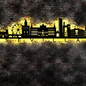 Skyline Sevilla Spain Spanien   Wandbild Holz Stadt AK Karte Map Stadtplan Wandsticker Leuchtbild Neonreklame Wandtattoo Silhouette