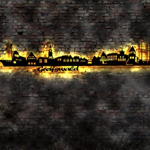 Skyline Greifswald LED Wandbild Holz Stadt AK Karte Map Stadtplan Wandsticker Leuchtbild Neonreklame Wandtattoo Reiseführer Silhouette