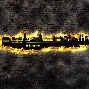 Skyline Siegen LED Wandbild Holz Stadt AK Karte Map Stadtplan Wandsticker Leuchtbild Neonreklame Wandtattoo Reiseführer Silhouette