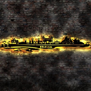 Skyline Ibiza  Baleraen Urlaub  LED Wandbild Holz Stadt AK Karte Map Wandsticker Leuchtbild Neonreklame Wandtattoo Reiseführer Silhouette