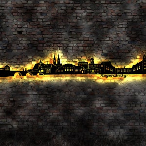 Skyline Regensburg LED Wandbild Holz Stadt AK Karte Map Stadtplan Wandsticker Leuchtbild Neonreklame Wandtattoo Reiseführer Silhouette