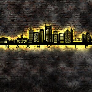 Skyline Nashville USA  LED Wandbild Holz Stadt AK Karte Map Stadtplan Wandsticker Leuchtbild Neonreklame Wandtattoo  Silhouette