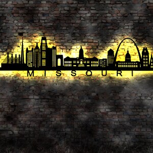 Skyline Missouri USA  LED Wandbild   Holz Stadt AK Karte Map Stadtplan Us State  Leuchtbild Neonreklame Wandtattoo Reiseführer Silhouette