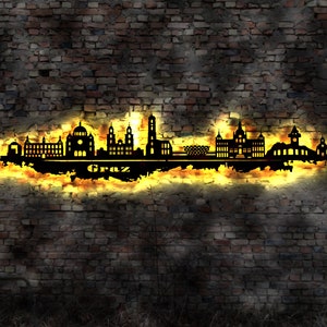 Skyline Graz Österreich Austria  LED Wandbild   Holz Stadt AK Karte Map Stadtplan Wandsticker Leuchtbild Wandtattoo Reiseführer Silhouette