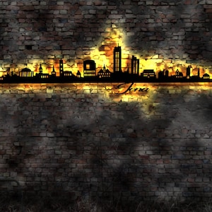 Skyline Jena LED Wandbild Holz Stadt AK Karte Map Stadtplan Wandsticker Leuchtbild Neonreklame Wandtattoo Reiseführer Silhouette