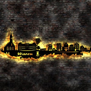 Skyline Waren Müritz LED Wandbild Map   Holz Stadt AK Karte  Stadtplan Wandsticker Leuchtbild  Wandtattoo Reiseführer Silhouette