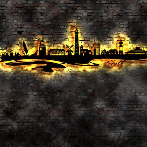 Skyline Insel Sylt Nordsee Urlaub LED Wandbild Holz Stadt AK Karte Map Wandsticker Leuchtbild Neonreklame Wandtattoo Reiseführer Silhouette