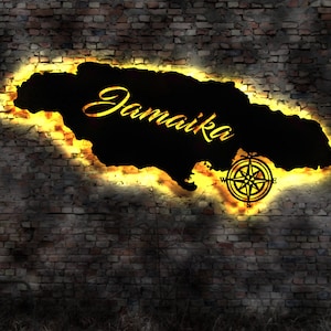 Skyline Insel Jamaika LED Wandbild Holz Stadt AK Karte Map Wandsticker Leuchtbild Neonreklame Wandtattoo Reiseführer Silhouette Karibik