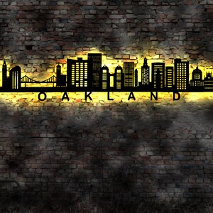 Skyline Oakland USA  LED Wandbild   Holz Stadt AK Karte Map Stadtplan Wandsticker Leuchtbild Neonreklame Wandtattoo Reiseführer Silhouette