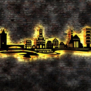 Skyline Brandenburg an der Havel  Stadt  LED Wandbild   Holz Stadt AK Karte Map Stadtplan Wand  Leuchtbild Wandtattoo Reiseführer Silhouette