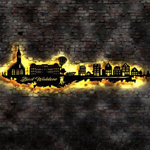 Skyline Bad Waldsee LED Wandbild Holz Stadt AK Karte Map Stadtplan Wandsticker Leuchtbild Neonreklame Wandtattoo Reiseführer Silhouette