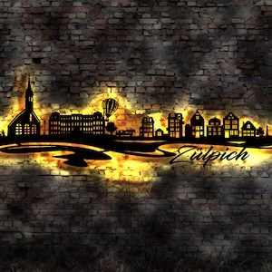 Skyline Zülpich LED Wandbild Holz Stadt AK Karte Map Stadtplan Wandsticker Leuchtbild Neonreklame Wandtattoo Reiseführer Silhouette