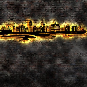 Skyline Emden LED Wandbild Holz Stadt AK Karte Map Stadtplan Wandsticker Leuchtbild Neonreklame Wandtattoo Reiseführer Silhouette