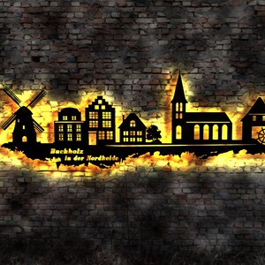 Skyline Buchholz in der Nordheide LED Wandbild Holz Stadt AK Karte Map Stadtplan Wandsticker Leuchtbild Neonreklame Wandtattoo Silhouette