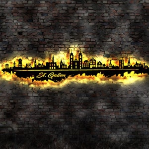 Skyline St. Sankt Gallen Schweiz  LED Wandbild Holz Stadt AK Karte Map Stadtplan Wandsticker Leuchtbild Wandtattoo Reiseführer Silhouette