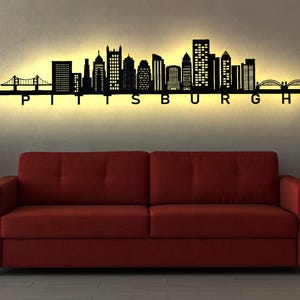 Skyline Pittsburgh Pennsylvania City LED Wall Mural Wood City AK Map Map City Map Wall Sticker Illuminated Image Neon Sign Wall Decal