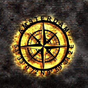 Amsterdam Kompass  LED Wandbild Holz Stadt AK Karte Map Wandsticker Leuchtbild Neonreklame Wandtattoo Reiseführer Silhouette