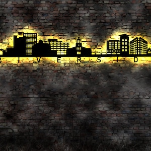 Skyline Riverside  Stadt Kalifornien LED Wandbild Holz Stadt AK Karte Map Stadtplan Wandsticker Leuchtbild Neonreklame Wandtattoo USA