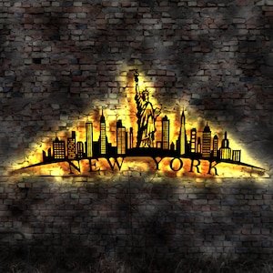 Skyline New York Yorck LED Wandbild   Holz Stadt AK Karte Map Stadtplan Wandsticker Leuchtbild Neonreklame Wandtattoo Reiseführer Silhouette