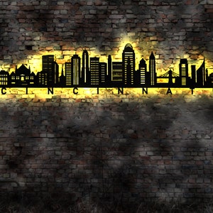 Skyline Stadt Cincinnati LED Wandbild Holz Stadt AK Karte Map Stadtplan Wandsticker Leuchtbild Neonreklame Wandtattoo USA