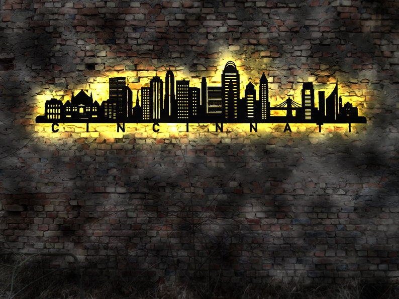 Skyline City Cincinnati LED Wall Mural Wood City AK Map Map City Map