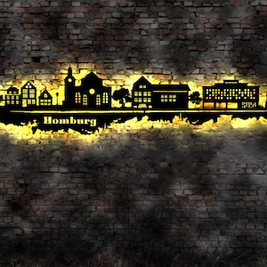 LED Skyline Homburg  Wandbild Holz Stadt  Karte Map Stadtplan Marktplatz Rathaus Windmühle Wandtattoo Reiseführer Silhouette