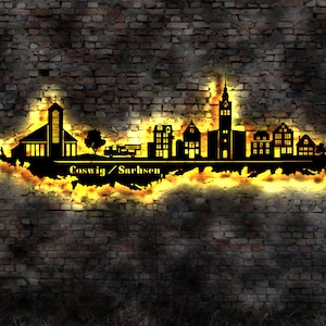 Skyline Coswig Sachsen LED Wandbild Holz Stadt AK Karte Map Stadtplan Wandsticker Leuchtbild Neonreklame Wandtattoo Reiseführer Silhouette