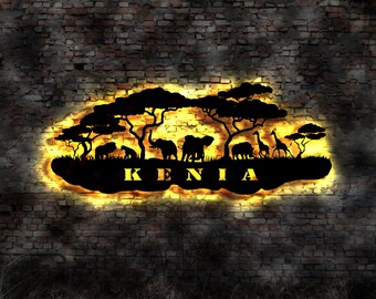 Skyline Kenya Africa Africa Mural Wood City AK Map City Map Wall Sticker Illuminated Image Neon Advertising Wall Decal Travel Guide Silhouette