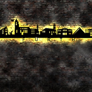 Skyline Fürth  LED Wandbild Holz Stadt AK Karte Map Stadtplan Wandsticker Leuchtbild Neonreklame Wandtattoo Reiseführer Silhouette
