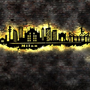 Skyline Milan Mailand LED Wandbild Holz Stadt AK Karte Map Stadtplan Wandsticker Leuchtbild Neonreklame Wandtattoo Reiseführer Silhouette