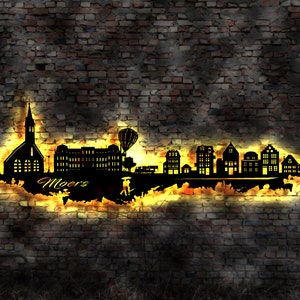Skyline Moers LED Wandbild Holz Stadt AK Karte Map Stadtplan Wandsticker Leuchtbild Neonreklame Wandtattoo Reiseführer Silhouette