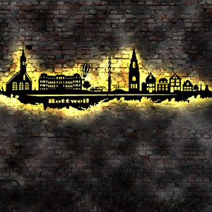 Skyline Rottweil  LED Wandbild Holz Stadt AK Karte Map Stadtplan Wandsticker Leuchtbild Neonreklame Wandtattoo  Silhouette