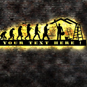 Könnte beinhalten: Schwarze Wandkunst aus Metall, die die Evolution des Menschen darstellt, die mit einem Mann gipfelt, der eine Farbrolle und einen Farbeimer hält. Die Kunst umfasst eine Leiter, ein Haus und den Text "YOUR TEXT HERE!" in Gelb.