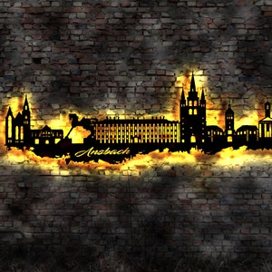 Skyline Ansbach LED Wandbild   Holz Stadt AK Karte Map Stadtplan Wandsticker Leuchtbild Neonreklame Wandtattoo Reiseführer Silhouette