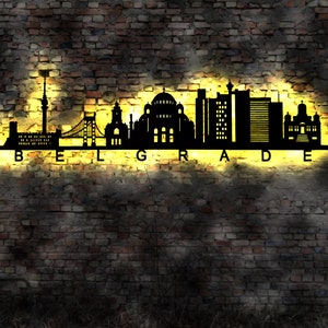 Skyline Belgrad Belgrade Serbien  LED Wandbild Holz Stadt AK Karte Map Stadtplan Wandsticker Leuchtbild Neonreklame Wandtattoo  Silhouette