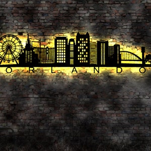Skyline Orlando USA  LED Wandbild Holz Stadt AK Karte Map Stadtplan Wandsticker Leuchtbild Neonreklame Wandtattoo  Silhouette