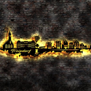 Skyline Troisdorf LED Wandbild Holz Stadt AK Karte Map Stadtplan Wandsticker Leuchtbild Neonreklame Wandtattoo Reiseführer Silhouette