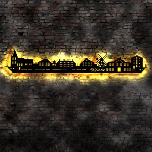 Skyline Klütz MV Ostsee  LED Wandbild Holz Stadt AK Karte Map Stadtplan Wandsticker Leuchtbild Neonreklame Wandtattoo Reiseführer Silhouette